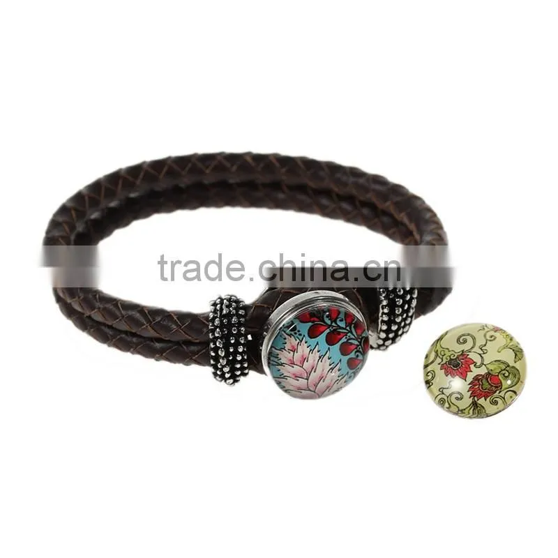 18mm Resin Fit Snap Button Bracelets Round Silver Tone At Random Flower Pattern , Knob Size: 5.5mm