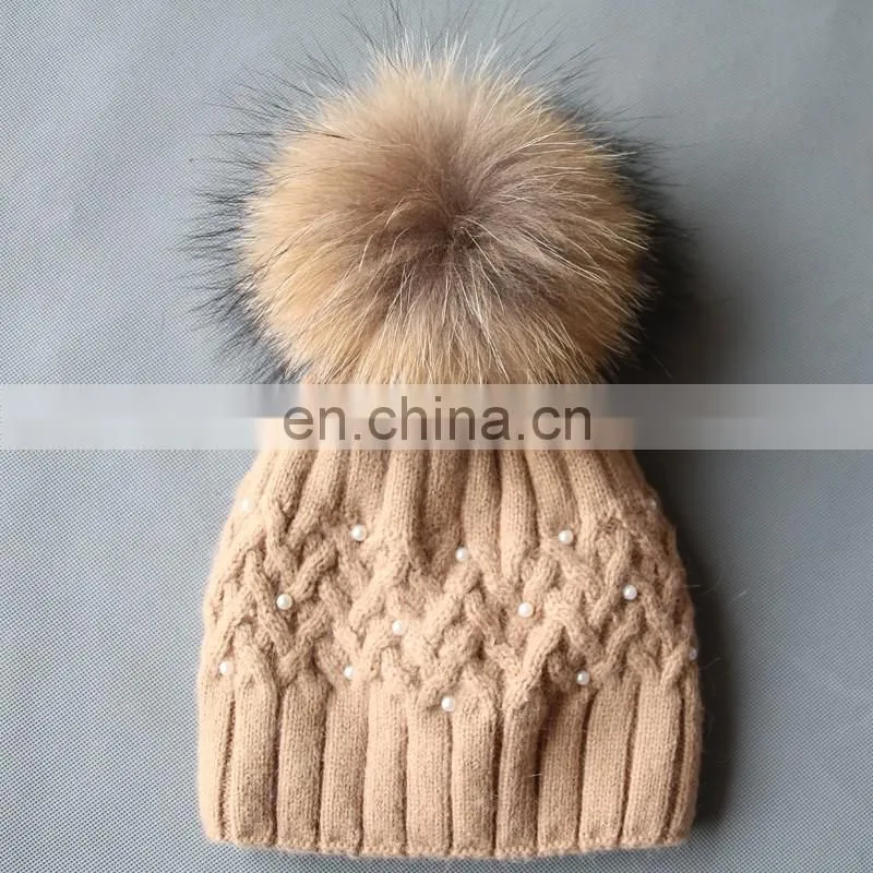 Super natural color raccoon fur pom pom hats with pearls for ladies