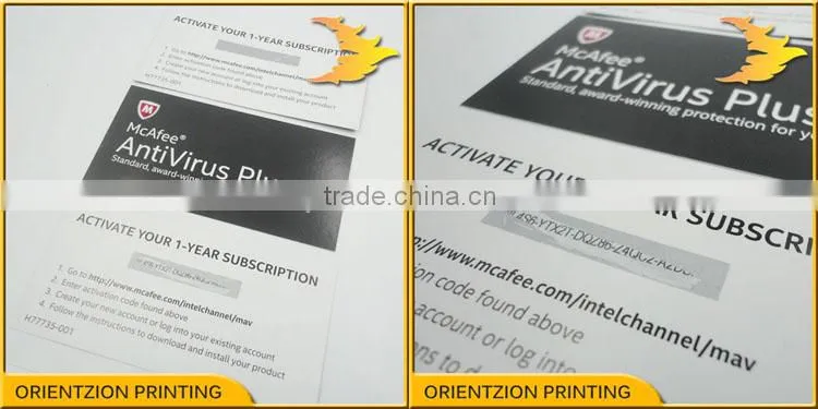 Anti-virus software activation card, Product activation card, Scratch off activation card