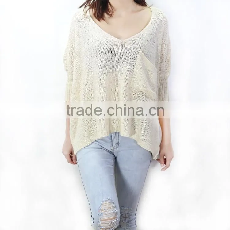 lady summer low round neck pullover sweater female bat sleeve hollow loose sweater