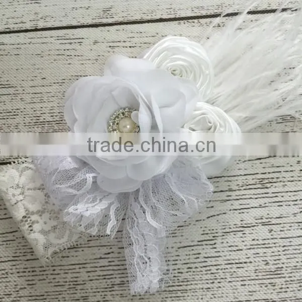 bulk high quality baby hair accessory lace flower and feather fashion headband for kids