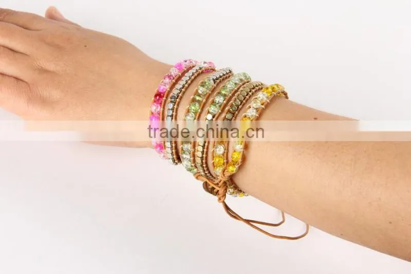 Shinning Crystal Metal Beads Multi Element 5 Wrap Leather Cord Bracelet