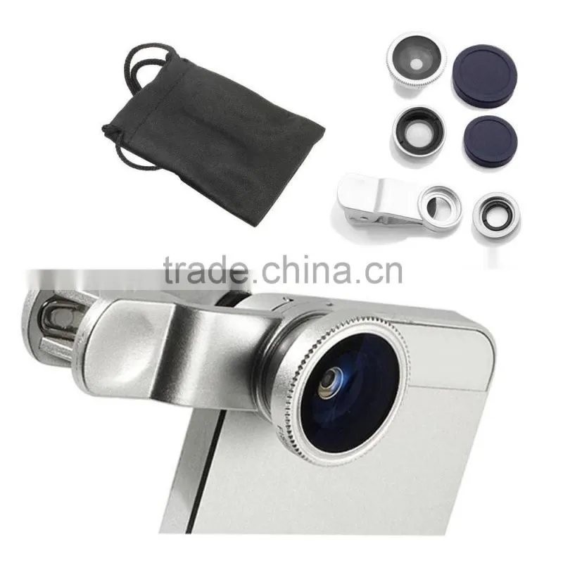 Universal clip 3 in 1 mobile phone lens kit fish eye lens wide angle lens macro lens detachable camera lens