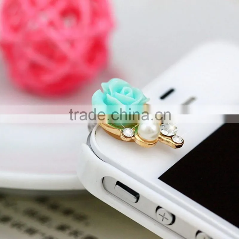 Rose Flower 3D Crystal Bead Pearl Anti Dust Plug Charms For 3.5mm Phone For Apple4 4S 5 For Samsung Galaxy S3 S4 For HTC