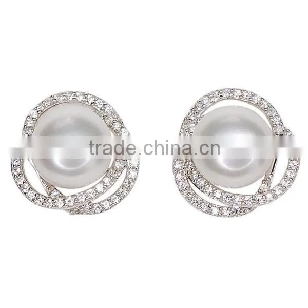 Sterling Silver Button Freshwater Pearl and Cubic Zirconia Flower Earrings