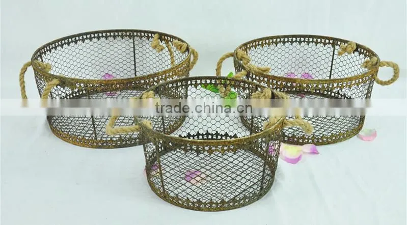 Vintage handmade outdoor round wire mesh storage baskets