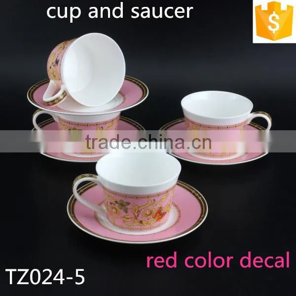 With Red Color Butterfly Decal 250ml Ceramic Coffee Cup Round Shape Bone China Cup with Saucer