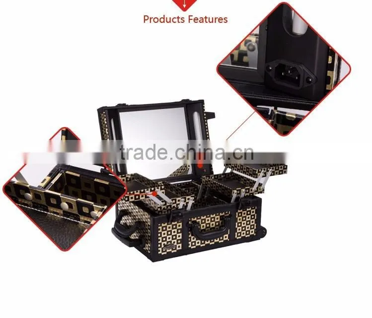 makeup case lights mirror professional makeup trolley case beauty case with pattern