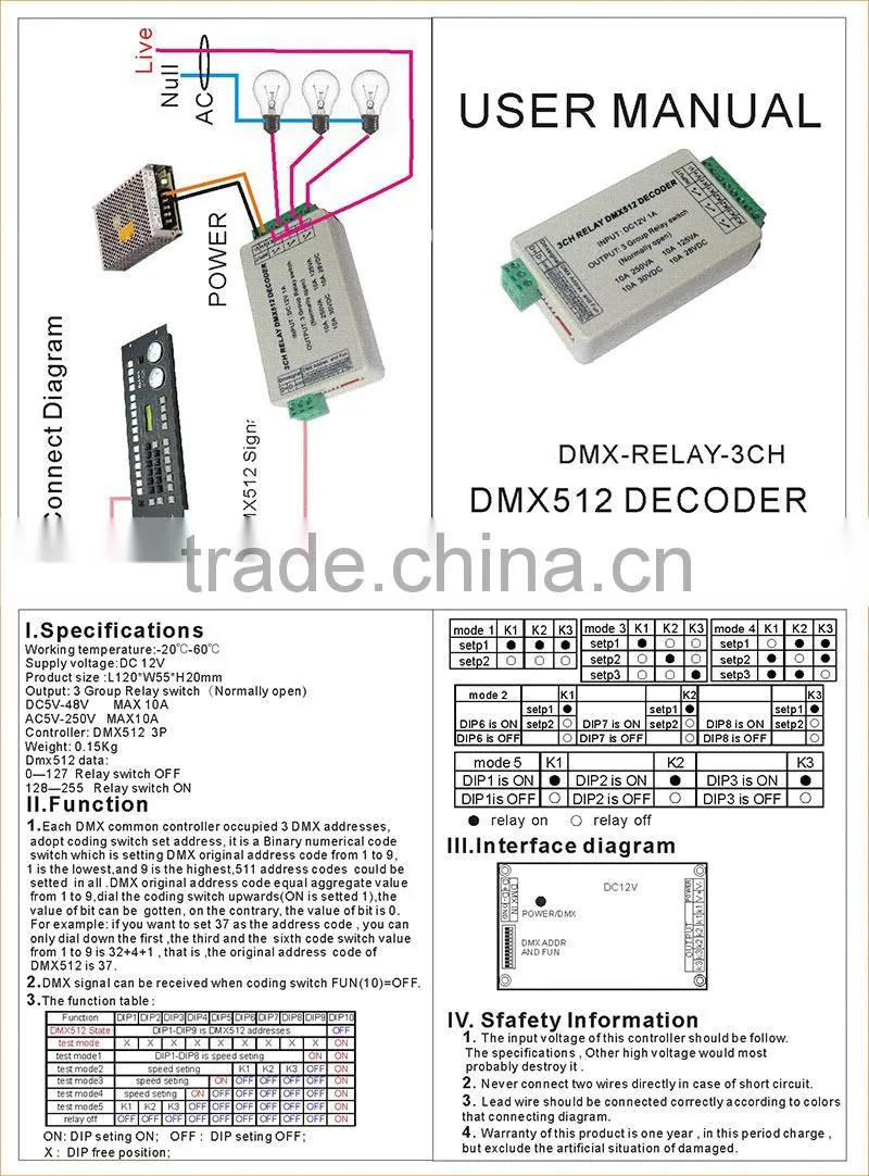 DC 12V 30A 3 channels DMX512 relay, 3 channels DMX relay switch