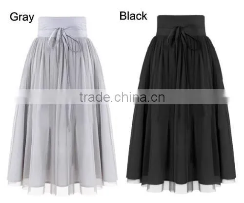 New Stylish Ladies Women Elegant High Waist Lace Mesh Pleated Long Skirt with Tie