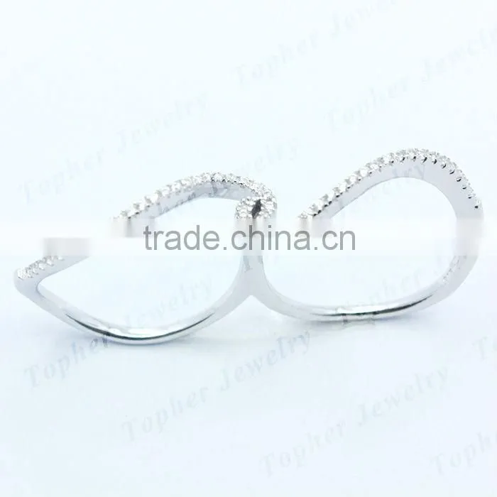 925 sterling silver micro pave setting two finger ring both rhodium and silver plated are available