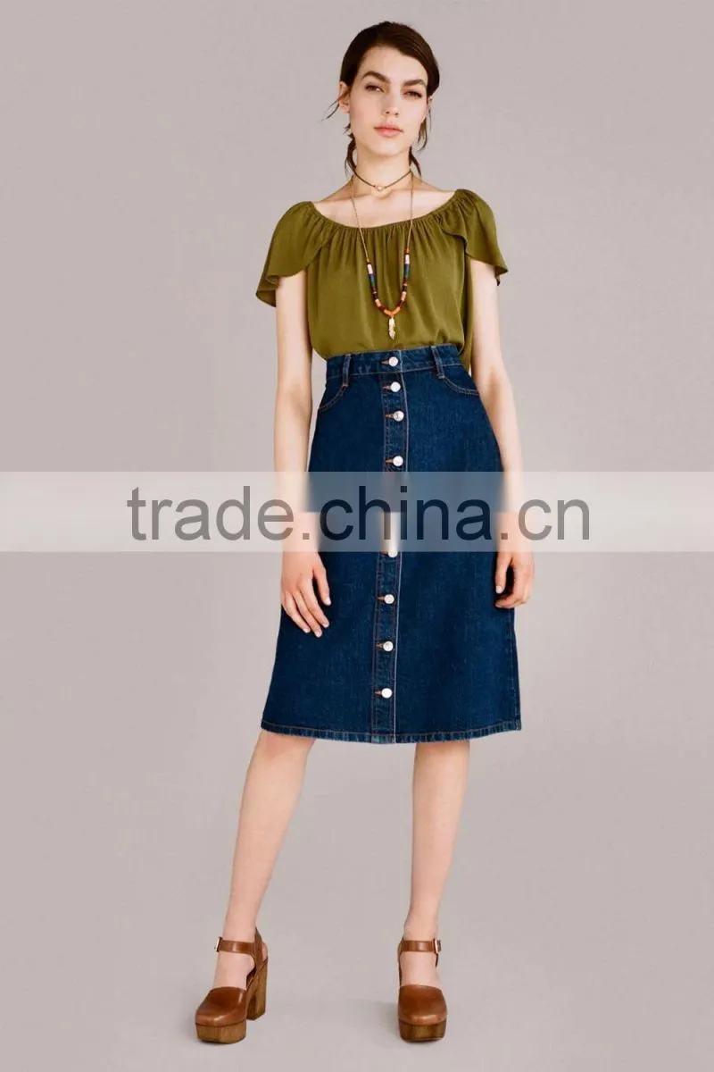 girls knee length Denim skirt open front Button Front Midi length Skirt