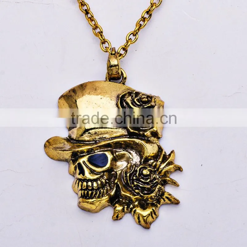Hiphop imitation jewelry halloween necklace punk skull pendant with flower statment necklace sweater chain Yiwu factory