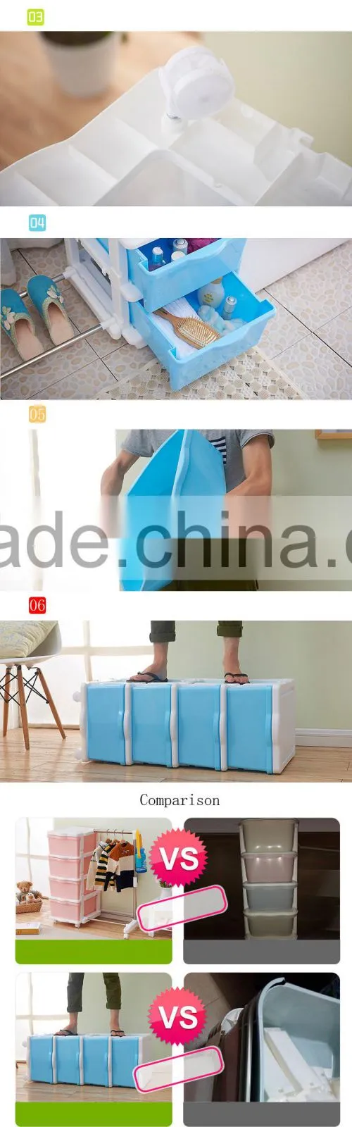 Eco-Friendly PP stainless steel 5 Tiers drawers Plastic Storage Shoes Clothes rack Organizer