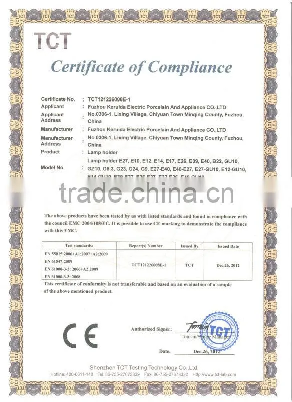 CE RoHS certificated E26 E27 glazed ceramic lampholder with cable