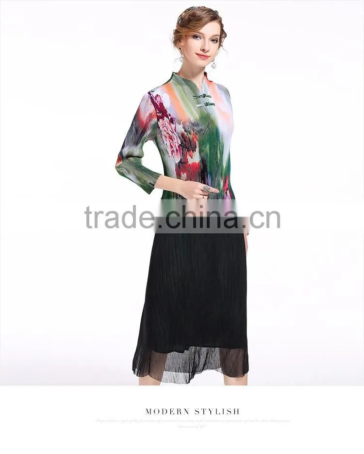 Chinese ink and wash panting double buttons for women folding dress