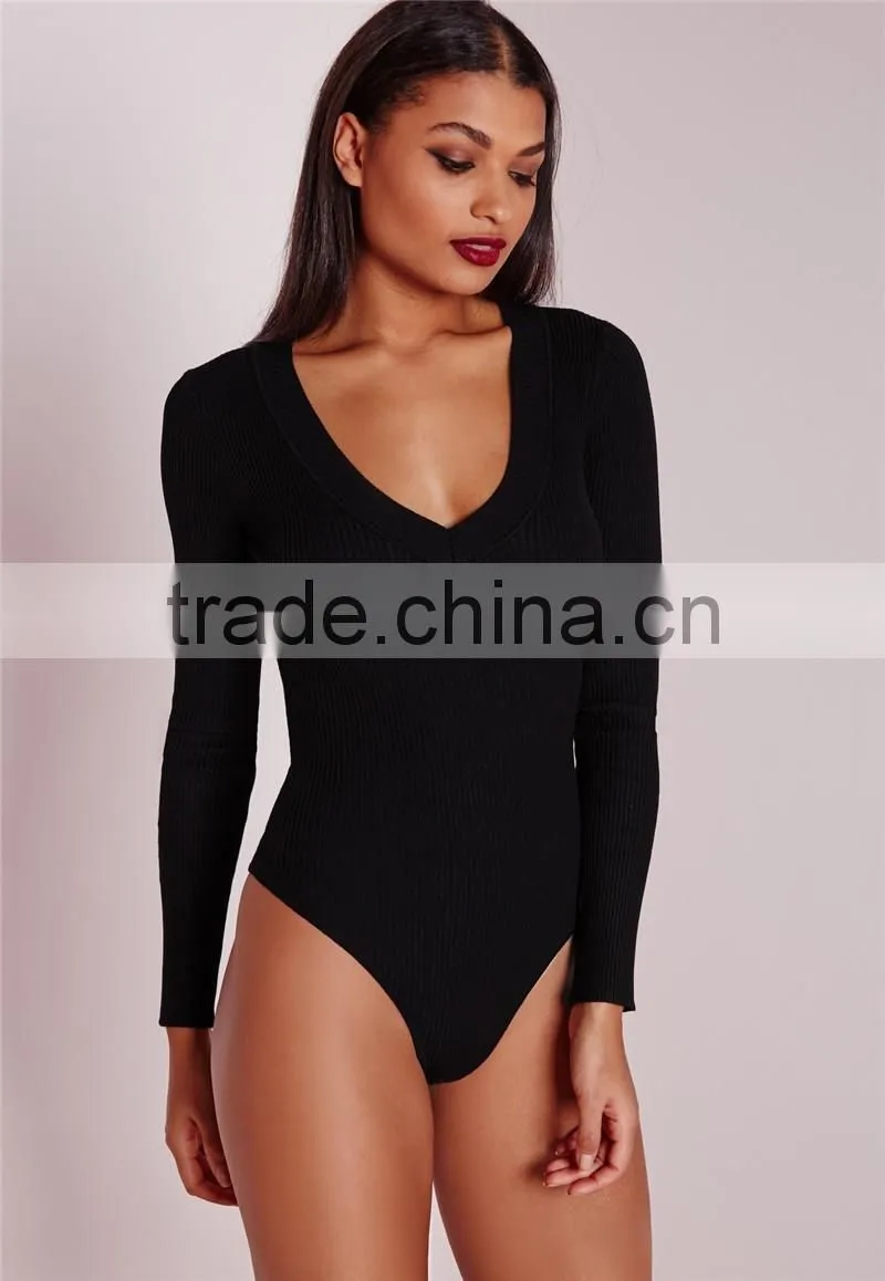 MGOO New Fashion Deep Plunge Bodysuit Black Custom Designs 95% Polyester 5% Spandex Plain Basic Fashion Item