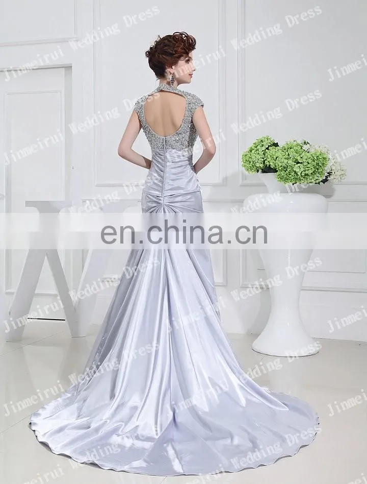 Charming Sliver Color Satin A-line Long Train Romantic Real Picture Bridal Dresses