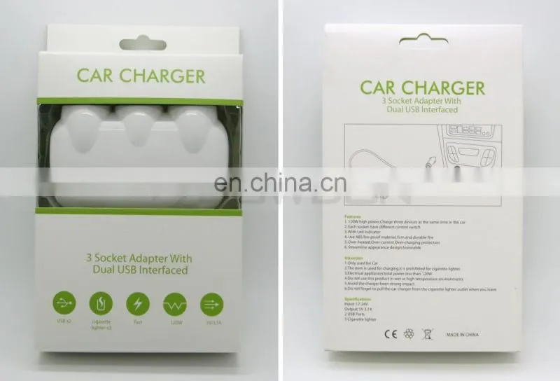 3 Way Auto Dual USB Port Car Cigarette Lighter Socket Adapter Charger for iPhone Samsung Phone