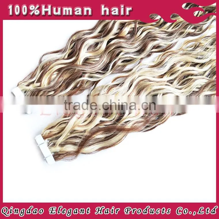 No chemical 100% peruvian virgin human hair highlight color curly tape hair extensions