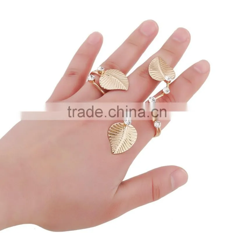 Elegant Gold Linked Leaf Ring Two Fingers Joint Ring Sets Chain Ring For Women