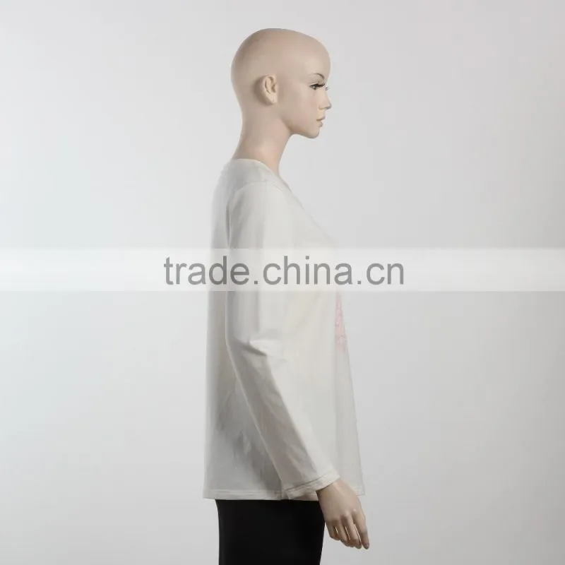 F5S10191 New Fashion White Flocking Print Women Long Sleeve T Shirts