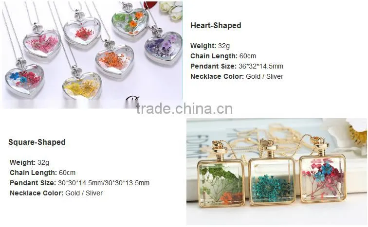 2016 DIY handmade glass frame necklace with real flower inside