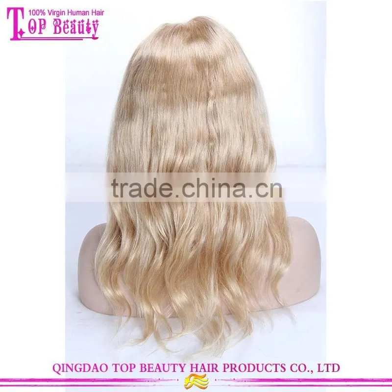Wet and wavy cheap 16 inches thick human hair lace front wig #22 natural straight middle part lace front wig blonde