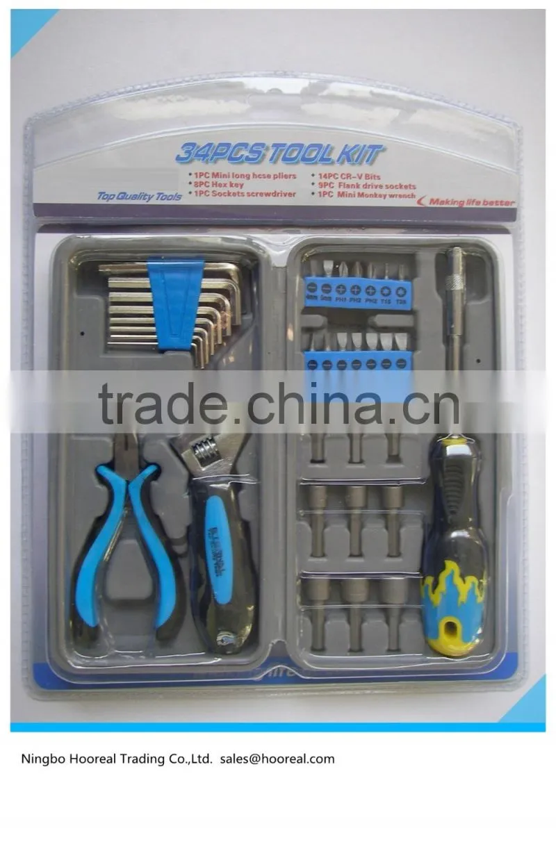 34Pcs Mechanics/Combine Tool Kit/Flank Drive Sockets, Screwdrivers, Mini Long Hcse Pliers, Mini Monkey Wrenches ,CRV Bits & More