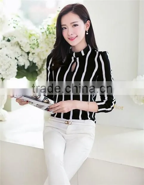 Fashion Korea Womens Stripe Blouse Long Sleeve Shirt Chiffon Slim Fit Tops