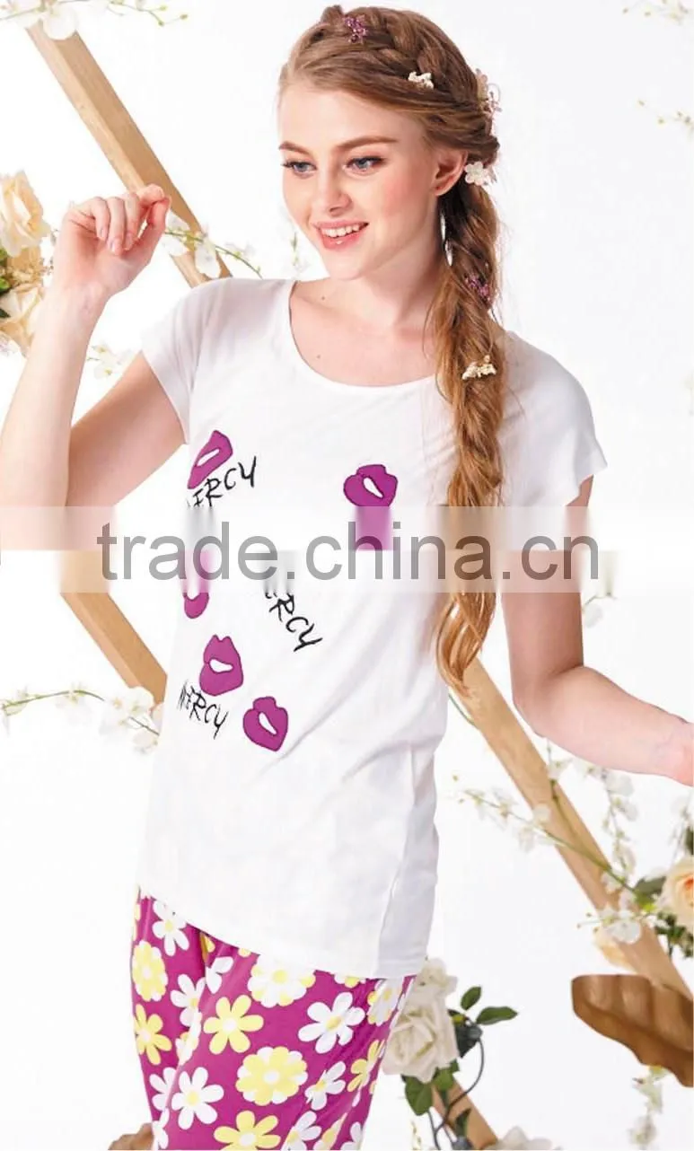 Two piece women's sleepwear set with t shirt and shorts as sleepwear suit for summer
