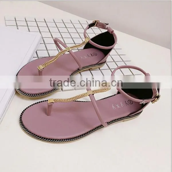 F20008H Fashion korean style buckle chain toe clip flat shoes summer women shoes, beach sandals
