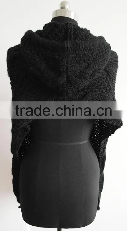 Ladies sleeveless knitted poncho with hood