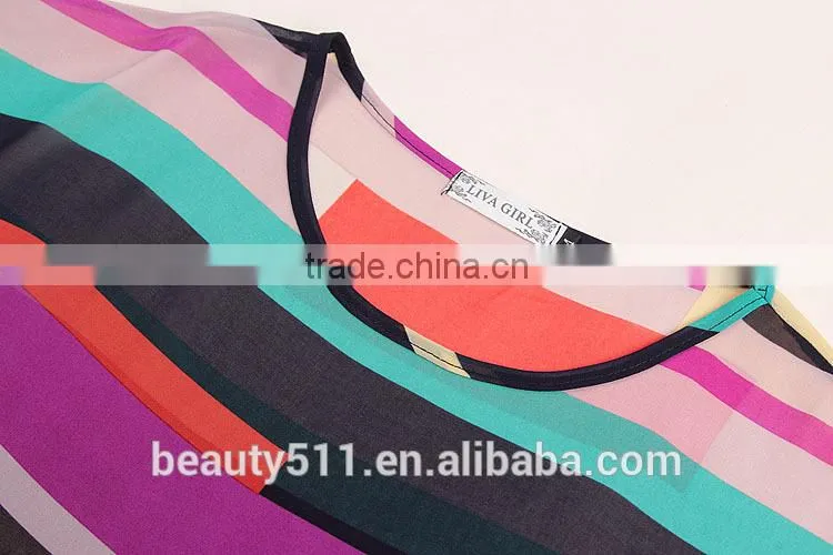 Chromatic stripe batwing coat rainbow T-shirt Irregular rainbow striped chiffon SD93