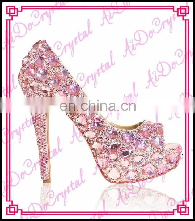 Aidocrystal Luxury big diamond rhinestone deep pink peep toe glitter wedding shose high heel