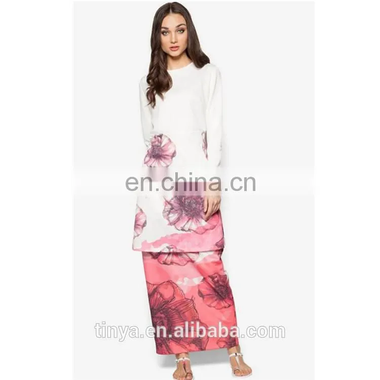 2017 Latest Fashion Chiffon Elegant Long Sleeve Flower Printed baju kurung malaysia modern