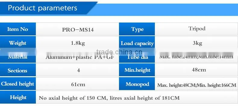 heavy duty 1.8m 4secion Portable Fashionable multi-functional professional tripod with ball head