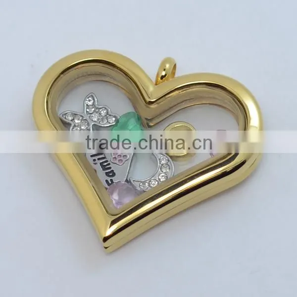 2015 fashion plain heart shaped glass photo floating locket,beautiful stainless steel heart floating locket pendants