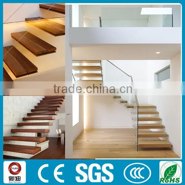Hot Sale Tempered Glass Balustrade Floating Wood Staircase Design