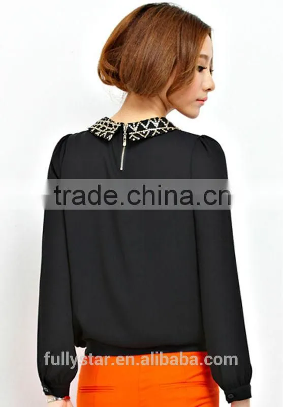 black long sleeve chiffon t shirts with collars