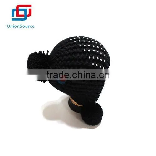 Hot Sale Black Acrylic Knitted Warm Hat for Girls with 3 Balls
