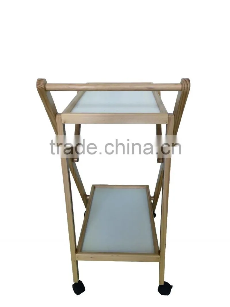 2 tiers storage pine wood hotel trolley room service cart