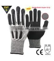 NMSAFETY 13 gauge orange nylon liner sandy nitrile glove with TPR on back mechanic gloves