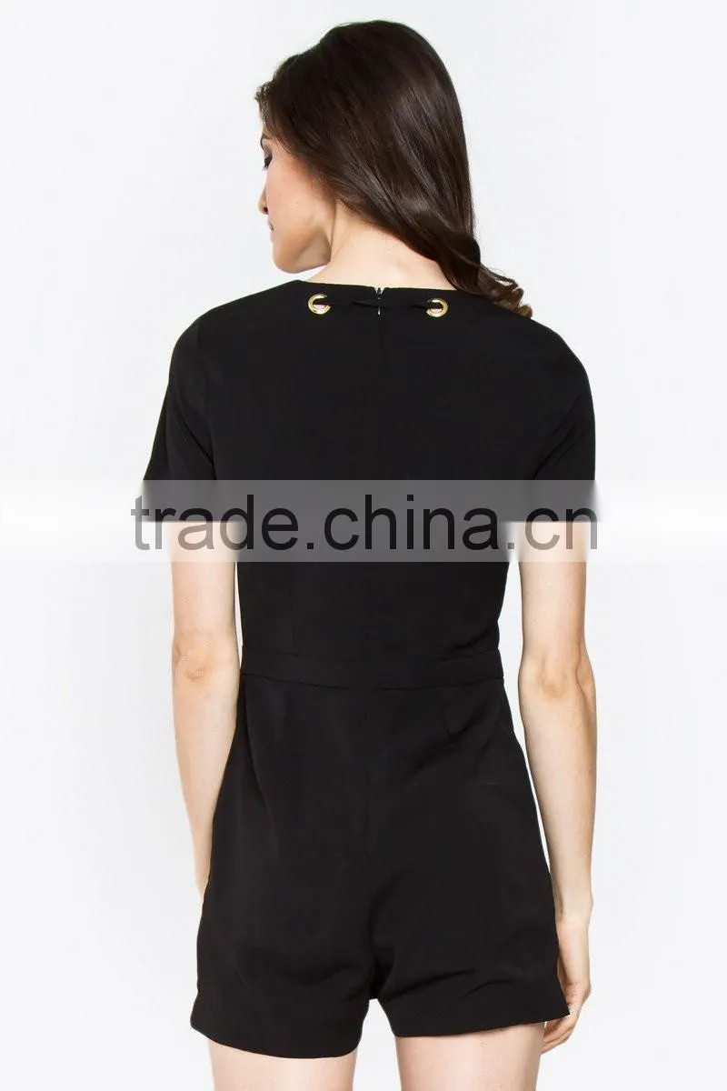 Made in China CUSTOM Wholesale Ladies Clothing Latest Design Fashion Women Black Short Sleeve Romper with Lace up Detail