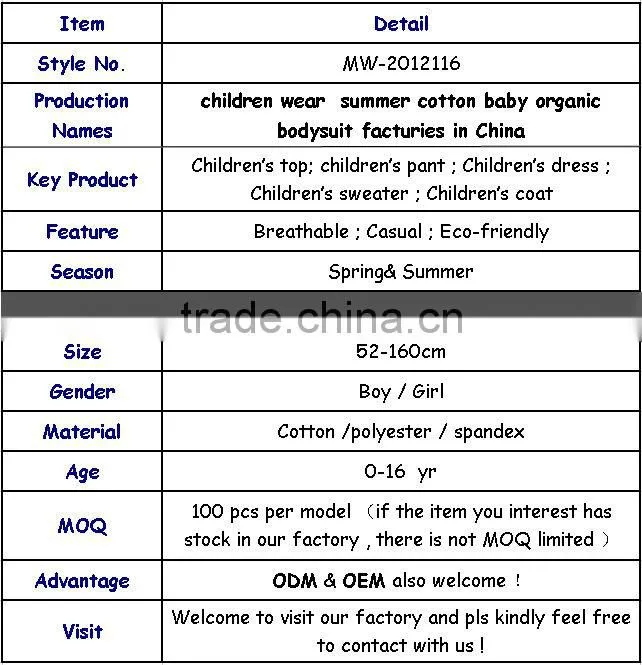 children wear summer cotton baby organic bodysuit facturies in China
