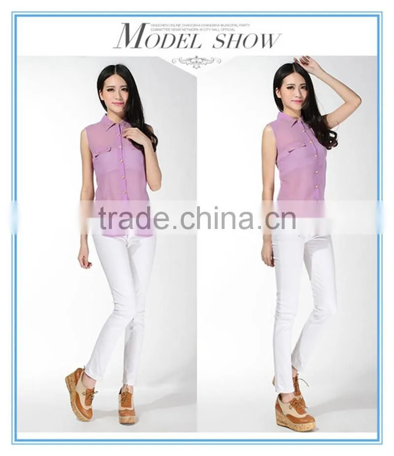 2016 New Fashion Women See Through Chiffon Purple Puffy Vest