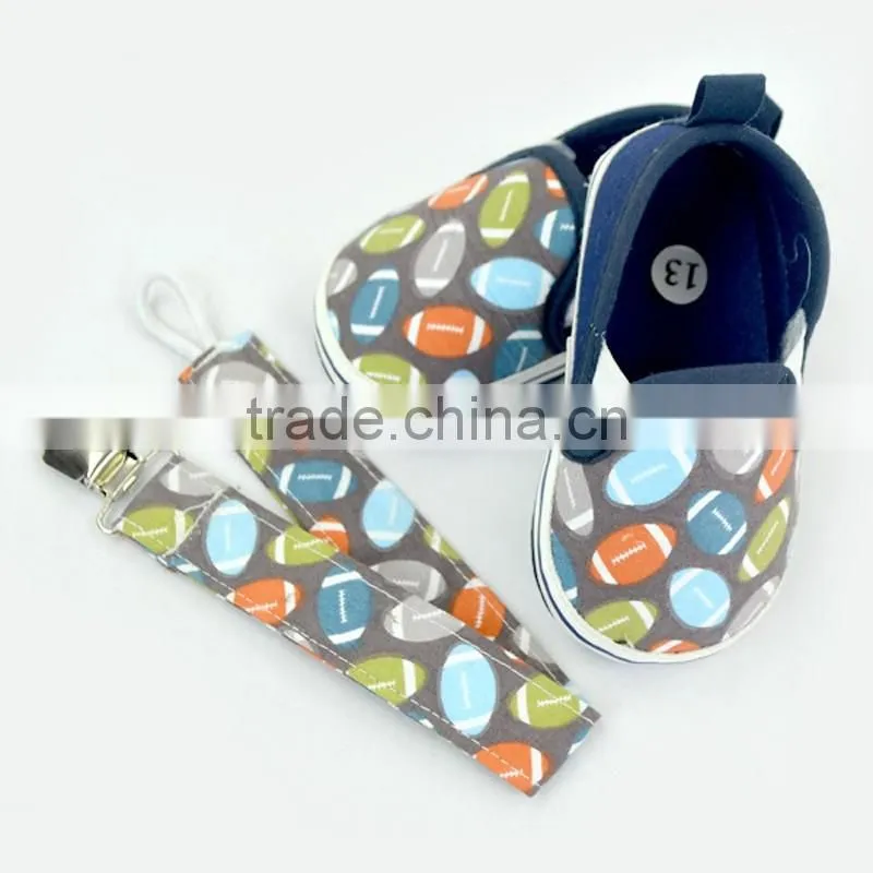 Cute Rugby Pattern Newborn Brown Color Crib Shoes Baby Shoes Matching Pacifier Clip