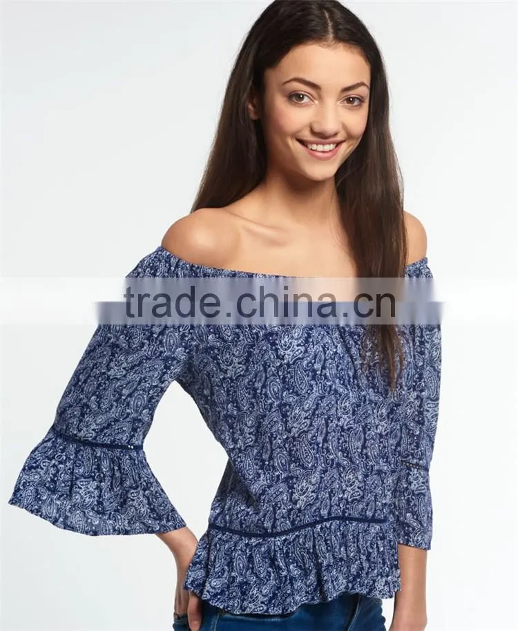 2017 Guangzhou Shandao Latest Fashion Summer Design 3/4 Flare Sleeve Round Neck Printed Loose Ladies Chiffon Tops