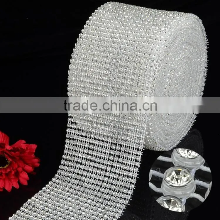 Wholesa Price 18 Rows Stretch Rhinestone Trimming Mesh with Plastic Ribbon,Elastic Crystal Stone Trims Sheet Mesh for Decoration