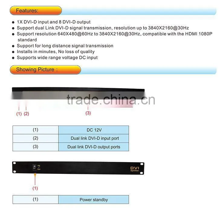 8 Port DVI Splitter 1x8 with 4K Dual-link DVI-D two channel